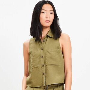 LOFT Petite Linen Blend Sleeveless Pocket Shirt Olive Green